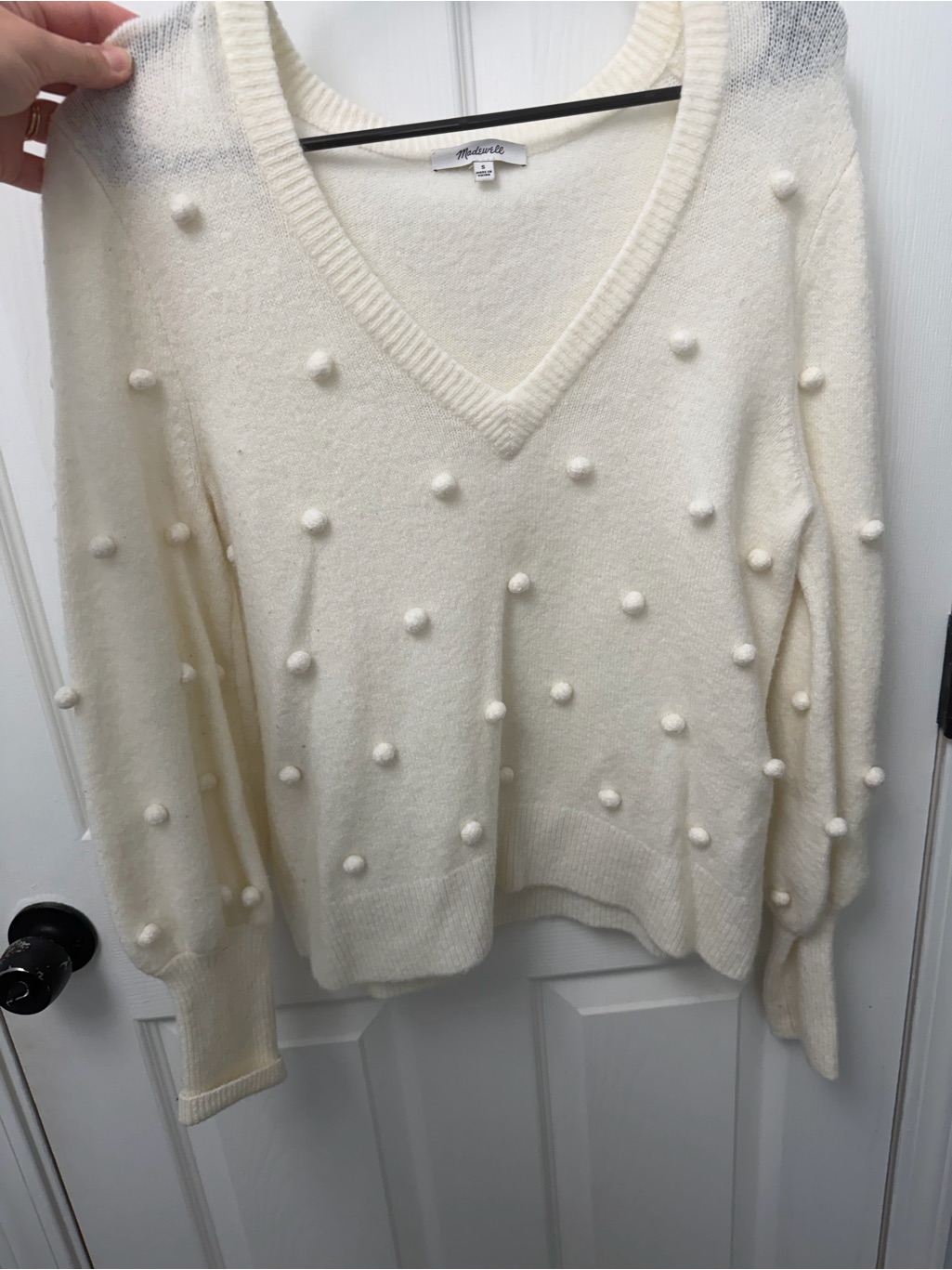 Madewell Cream V-Neck Pom Pom Sweater